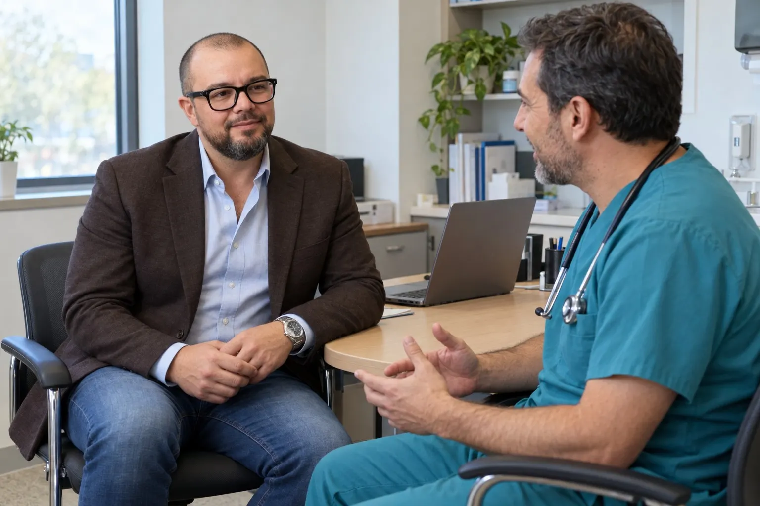 Mike Barajas platicando con un médico en su consultorio