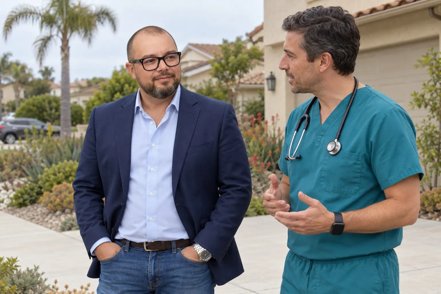 Mike Barajas talking with a doctor outside a home in San Diego